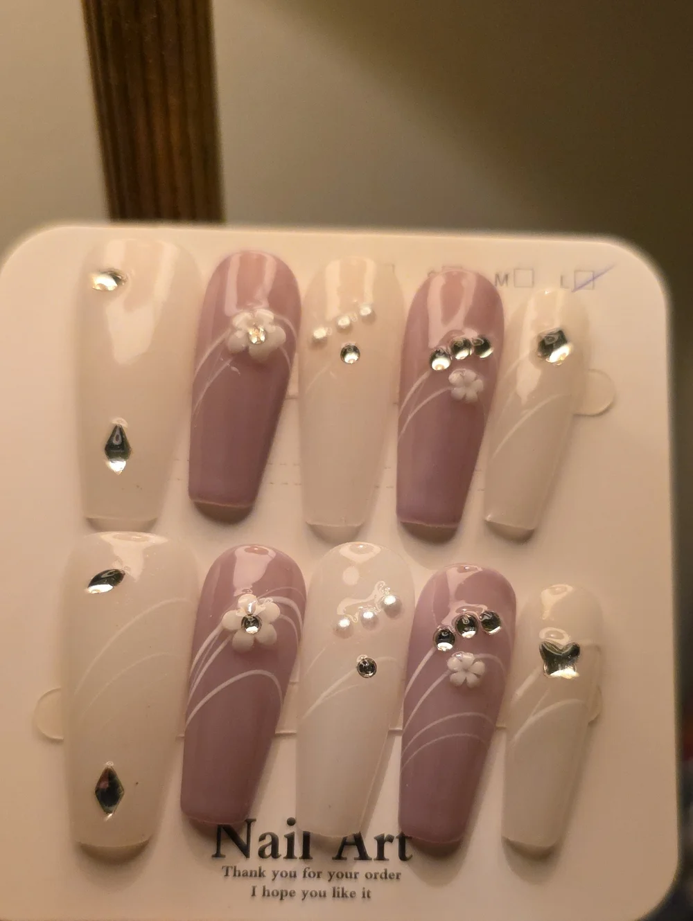 Elegant Pink & Cream Press-On Nail Set with Floral Rhinestones Size Large